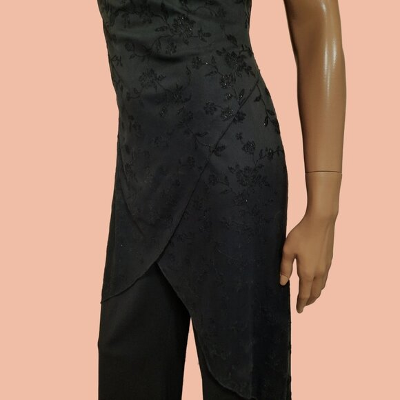 Vintage 90s Y2K Black Jumpsuit Dress Overlay Glitter Flocked Velvet Size M - Picture 5 of 10